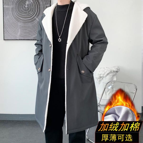 

men's trench coats winter lambswool coat casual thick warm hooded jacket male velvet overcoat windbreaker outerwear black/khaki/gray, Tan;black