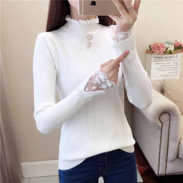 

women's sweaters half turtleneck sweater women korean knit lace slim long sleeve pullover casual autumn winter, White;black