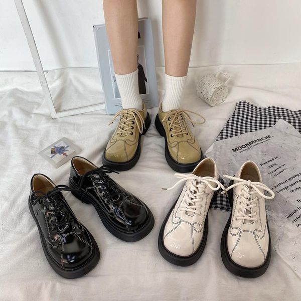 

dress shoes car stitching decorative women's thick-heeled 2021 korean autumn round toe thick-soled cross-lace casual, Black