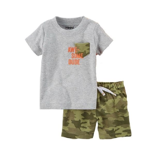 Tolles Dude Kleiner Junge Kleidung Anzug T Shirts + Tarnung Kurze Hosen 2 stücke Sets Grau Camo Outfits Baumwolle Sets Tops Overalls 210413