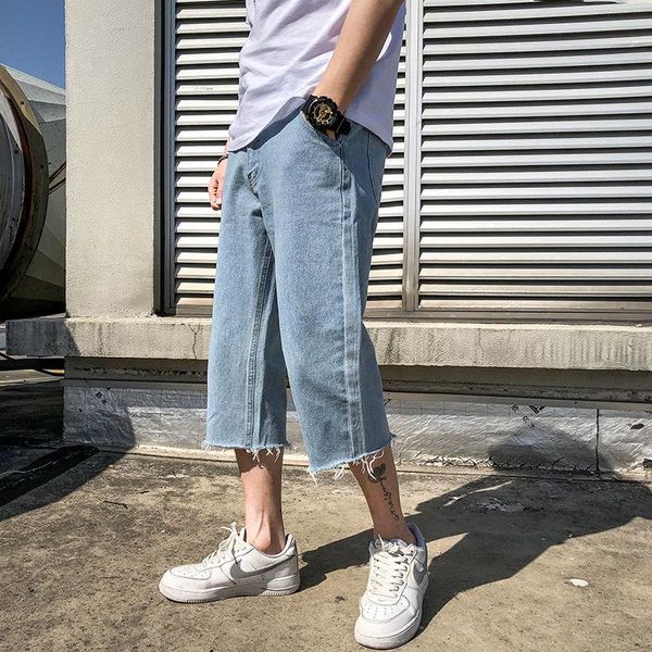

/ men's wear ankle-length rose embroidery edge blue jeans 2021 spring summer trnedy korean denim pants 9y1692