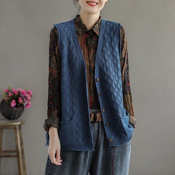 

women's vests solid color cotton line diamond knit vest cardigan 2021 spring retro art loose sleeveless waistcoat women, Black;white