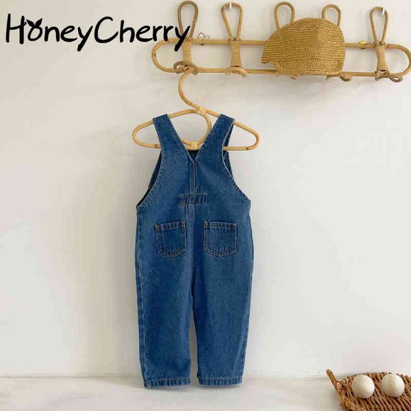 

boy and girl baby denim backpack pants romper clothes jumpsuit 210515, Blue