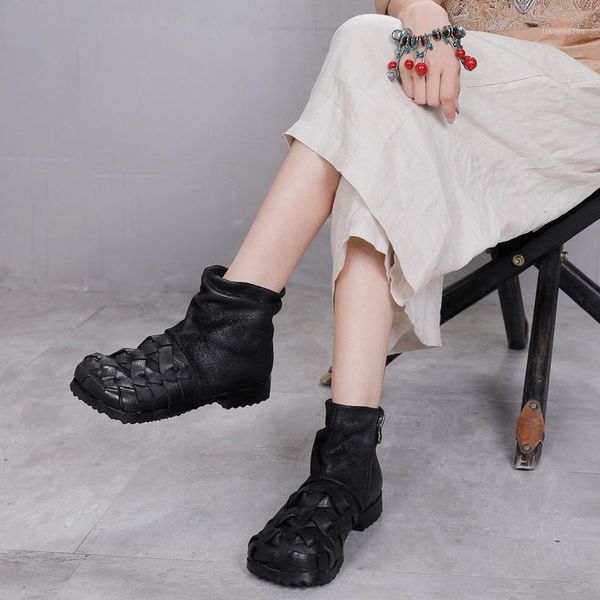 

boots vallu 20autumn and winter round toe ethnic retro short women's authentic leather weave cowhide cool single1, Black