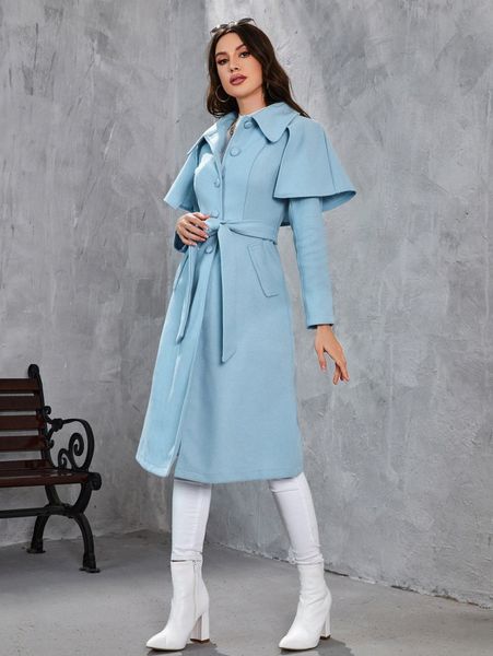 

cloak sleeve belted overcoat p1j5#, Black