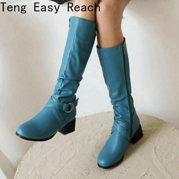 

boots fashion pleated zipper women knee high pu leather buckle westren comfort square heel round toe autumn winter, Black