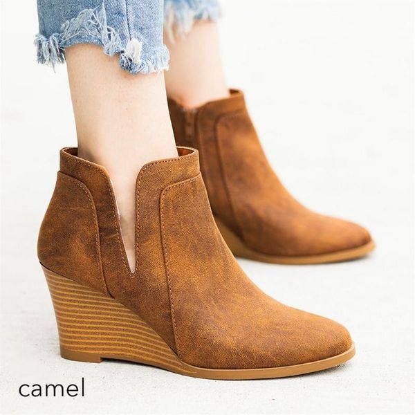 

boots retro women ankle pu leather winter shoes wedges ladies high heels bottes femme classic brown botas mujer 2021, Black