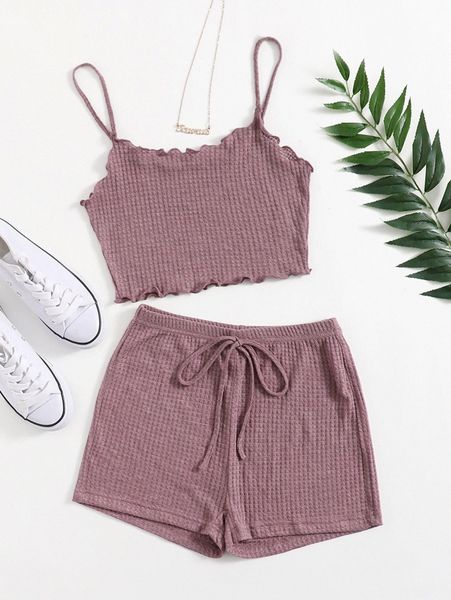 

waffle knit lettuce trim cami & shorts set y17f#, White