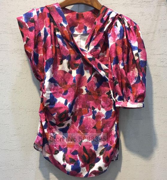 

women's blouses & shirts woman printed asymmetric sleeves blouse wrap v-neck fashion 2021, White