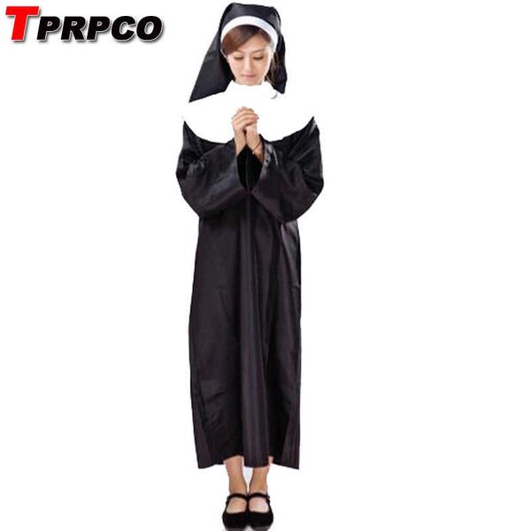 A Virgem Maria irmã Nun Traje Mulheres Adulto Festa de Halloween Fantasia Cosplay Trajes vestido Robe Y0903