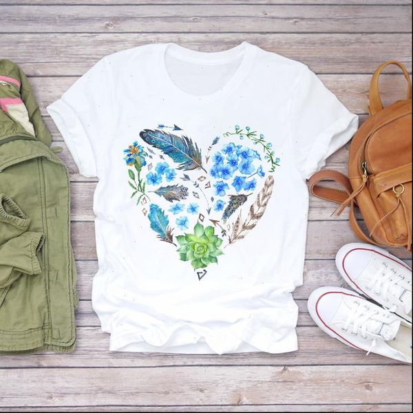 

women feather love womens heart shape fashion camisas mujer clothes lady t shirts shirt ladies graphic female tee, White