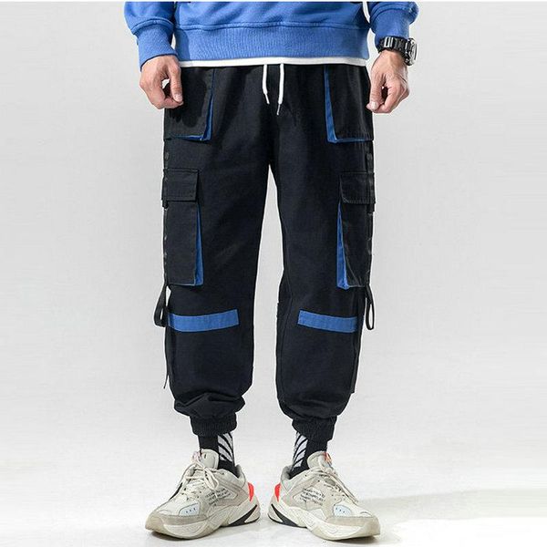 

men's side pockets harem pants 2021 autumn hip hop casual ribbons design male joggers trousers fashion streetwear black