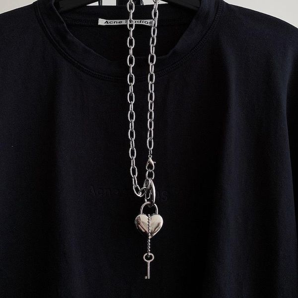

hip hop metal heart key pendant necklace for women men punk trendy cool choker sweater chain statement jewelry gifts necklaces, Silver