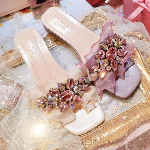 

slippers summer style mesh ruffled cute simple wild diamond low-heel flat sandals daily dress custom rhinestone women, Black