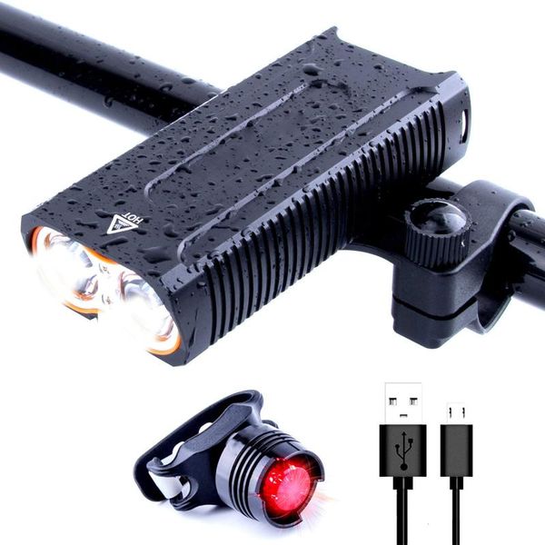 

bike lights sews-led light set - usb rechargeable front bicycle + taillight bike, 2400 lumens waterproof adjustable helmet