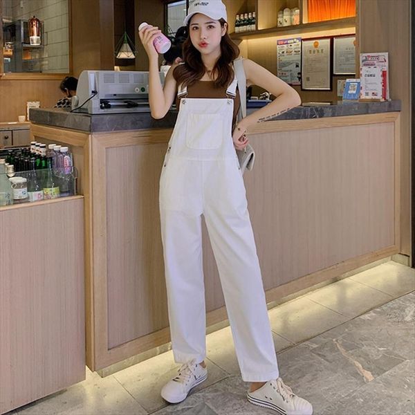 

denim overalls jumpsuit wide leg womens jean korean suspender trouser bib pants femme black white xs, Blue