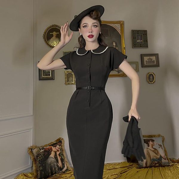 

casual dresses le palais vintage 2021 summer original black short sleeve collect waist elastic dress slim elegant fashion women, Black;gray