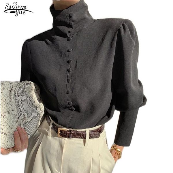 

women's blouses & shirts 2021 office lady turtleneck lantern sleeve for women fashion black blouse button solid female clothing 12882, White