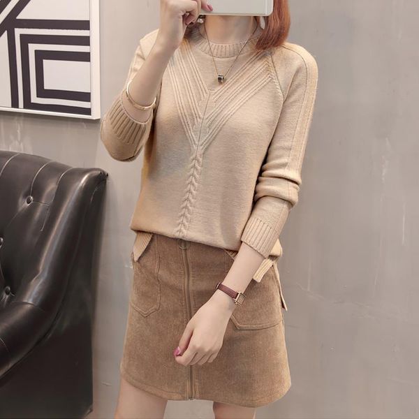 

women's sweaters 2021 short sweater fall winter women solid color knit round neck loose slit long sleeve bottoming thick 221, White;black