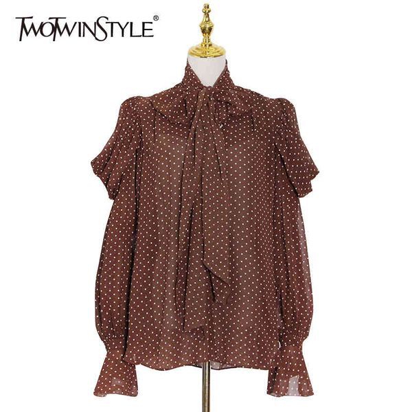 

dot print lace up bowknot shirts for women v neck lantern long sleeve loose casual blouses female spring style 210524, White