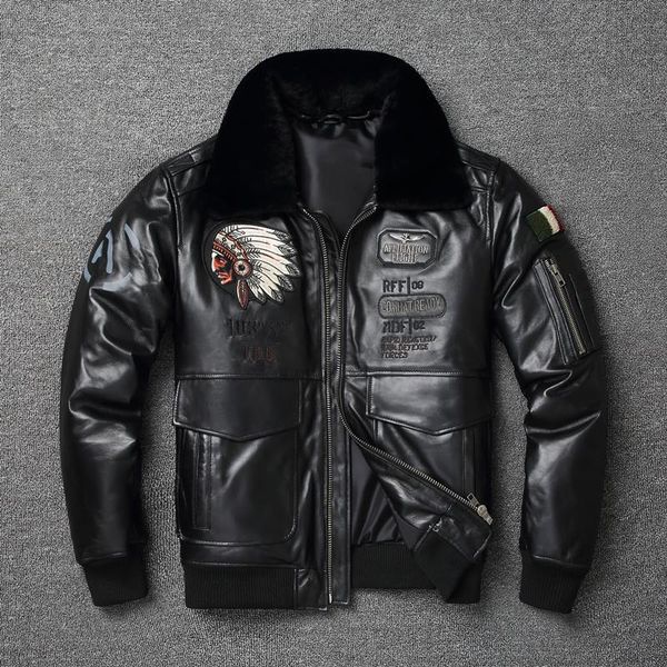 

men's leather & faux embroidery flight suit pure sheepskin jacket oversize motorcycle slim coat cotton warm detachable lamb wool coll, Black
