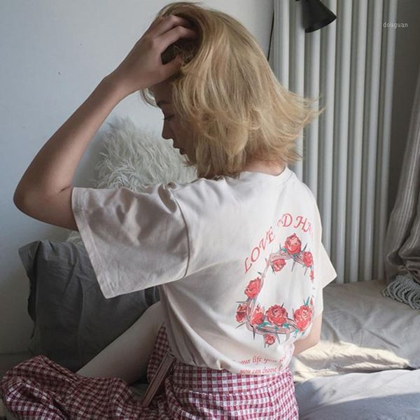 

women's t-shirt 2021 harajuku summer korean letter rose printed short-sleeved bottoming women loose wild head female, White