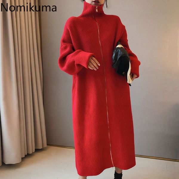 

nomikuma autumn winter new sweater cardigan zipper turtleneck long knitted coat korean long sleeve oversized knitwear 6d382 210427, White;black