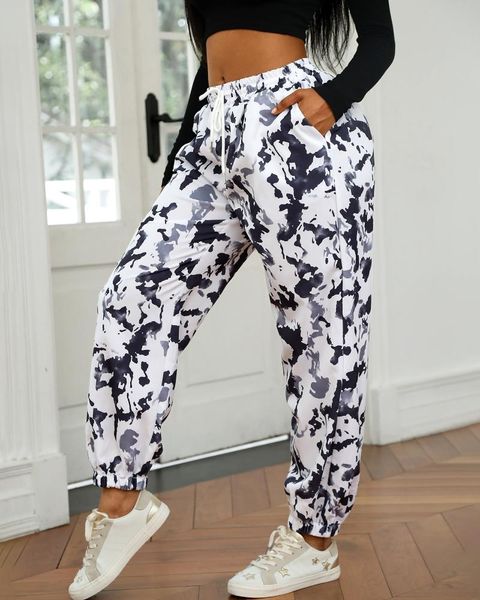 

women trouser elastic band camouflage pants girl stretch trousers adjustable belt drawstring high elasticity waist sportswear women's &, Black;white