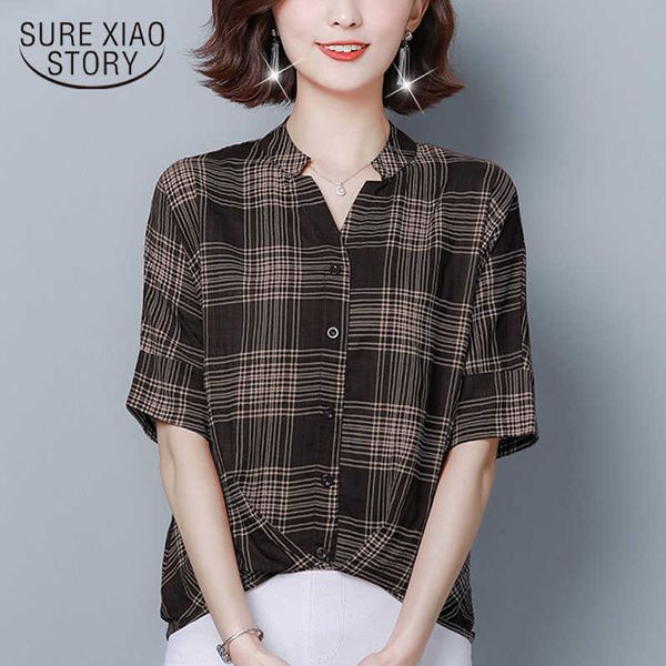 Koreanische Baumwolle und Leinen Kurzarm Schwarz Rot Und Aprikose Plaid Lady Shirt Plus Größe Casual Lose Frauen Bluse 4677 50 210527