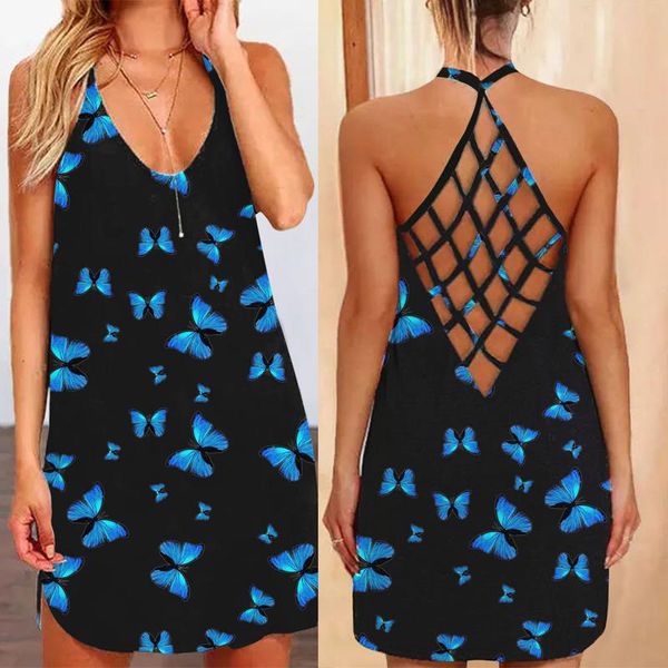 

casual dresses backless dress women halter v neck butterfly printed sleeveless hollow out vintage summer tank mini plus size, Black;gray