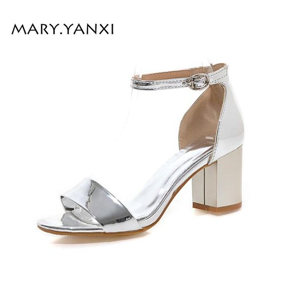 

summer women sandals big size shoes buckle strap patent leather fashion casual solid square high heel non-slip cow muscle sole, Black