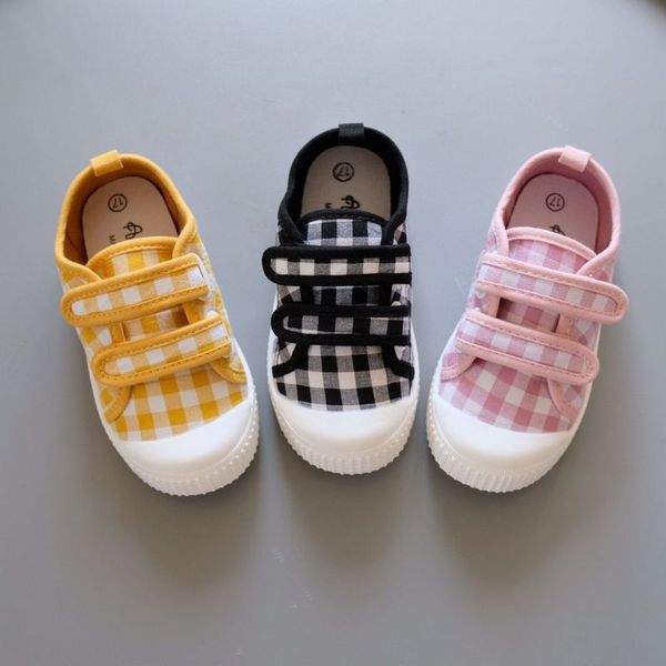 

spring autumn new korean plaid childrens hook canvas shoes baby boys girls kindergarten soft bottom shoes toddler kids sneakers, Black;red