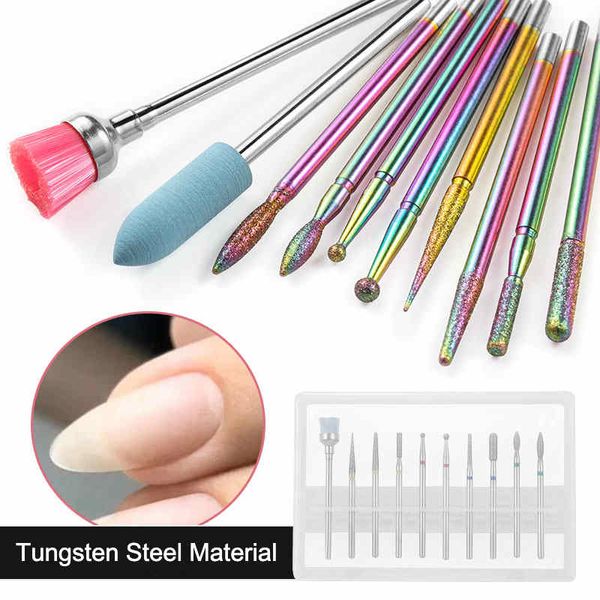 Set da 10 pezzi Punte per trapano per unghie Strumenti per lucidare le unghie in acciaio al tungsteno per manicure con scatola di immagazzinaggio per salone di bellezza