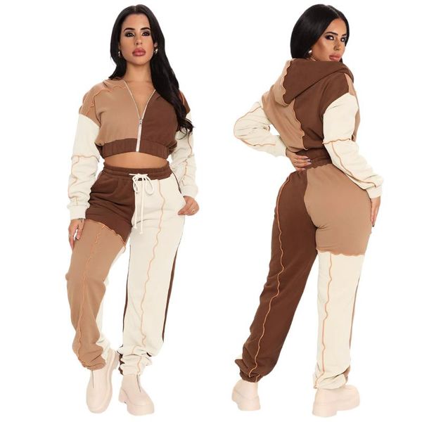 

women's two piece pants zipper patchwork tracksuit full sleeve set pants hooded sports jogger wear sweatpants suit, White
