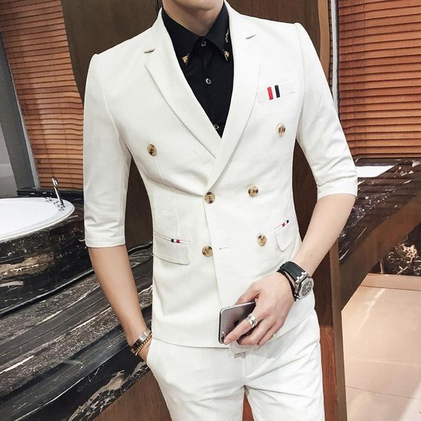 

men's suits & blazers men 2021 7 colors summer wedding mens double half sleeve suit with pant casual blazer slim, White;black