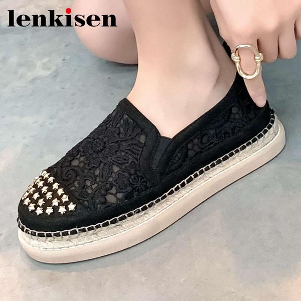 

dress shoes lenkisen air mesh summer sunscreen breathable brand round toe metal decorations basic deep mouth slip on women pumps l58, Black