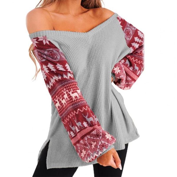 

women's sweaters christmas sweater women print lantern sleeve knitted v neck side split pullover lady for daily wear casual jumper, White;black