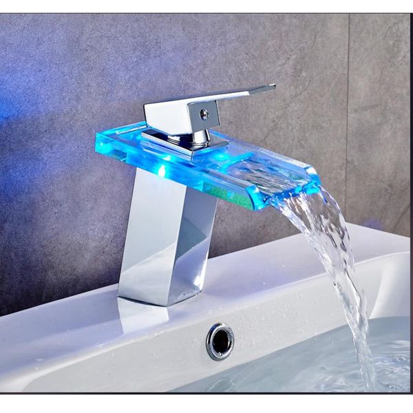 

temperature-controlled three-color led luminous glass faucet, square waterfall basin, and cold water faucet bathroom sink faucets