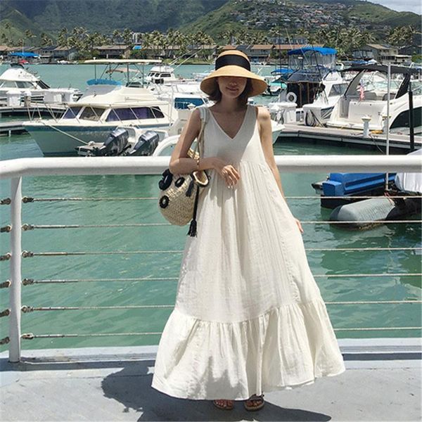 

korean fashion female women dresses tie white long v neck summer ruffles casual loose dress sleeveless, Black;gray