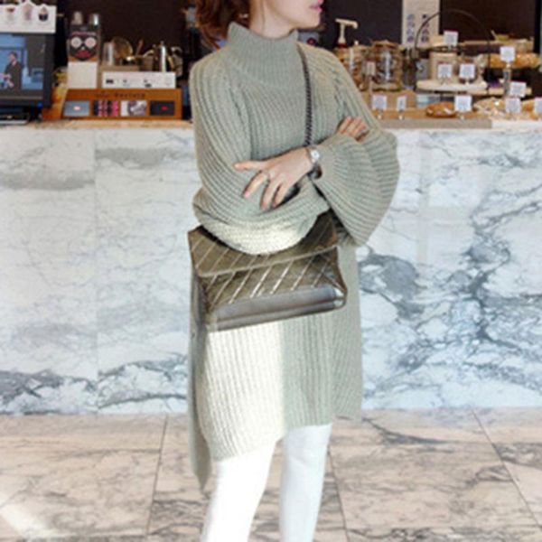 

casual dresses autumn winter 2021 korean fashion solid color women's knitting sweater dress loose split fork long sleeve turtleneck, Black;gray