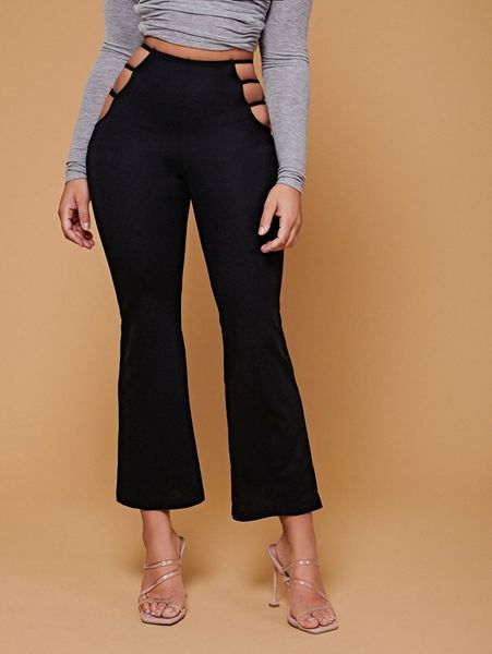 

petite ladder cut out flare leg pants y712#, Black;white
