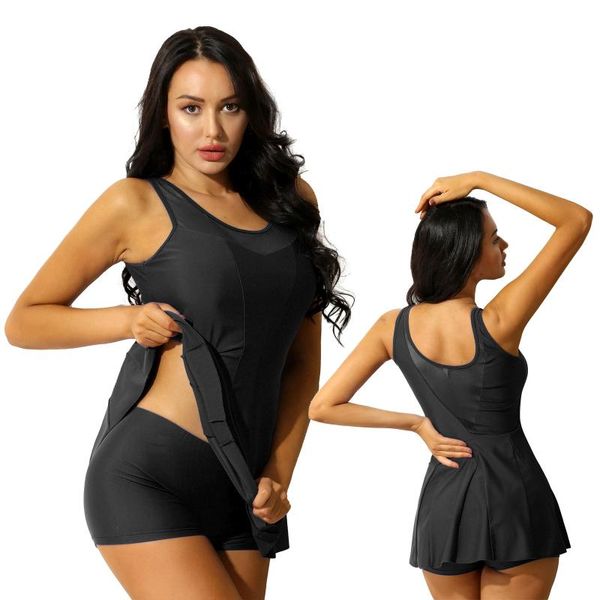 

one-piece suits 2021 summer swimwear solid color one piece bathing suit strappy tummy control swimdress with boyshorts for women