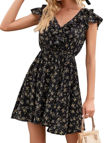 

2021 spring and summer european and american new floral print fungus edge v-neck short sleeve dress women, Black;gray