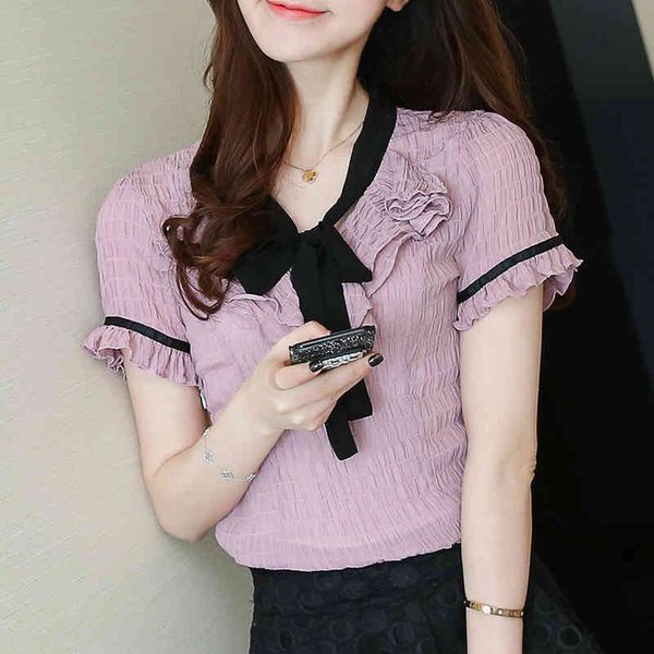 

summer pleated chiffon women blouse short sleeve fashion blusa bow neck pink white floral 825j 210420