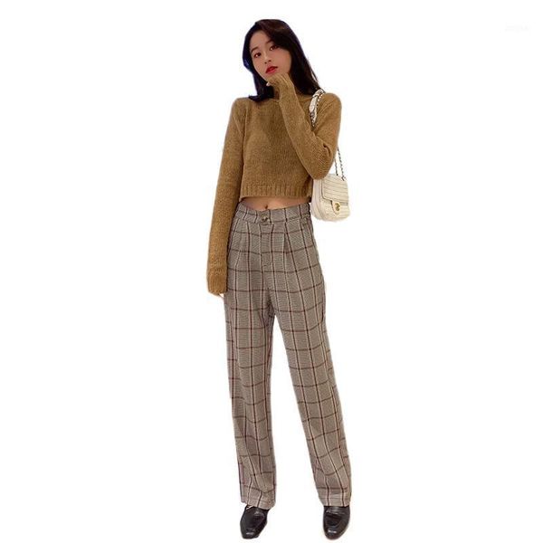 

two piece dress england style pants suits women autumn retro high waist wide leg suit female imitation cashmere sweater two-piece, White
