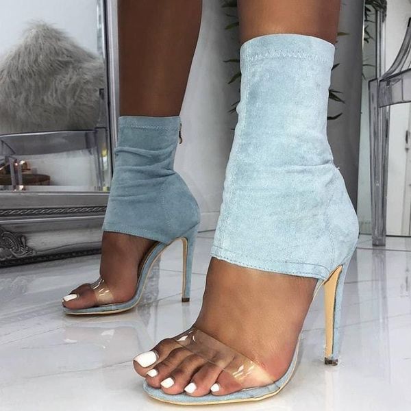 

high heel ladies sandals with zipper crystal pvc peep toe thin stretch denim women summer shoes, Black