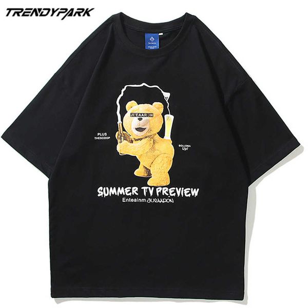 

men's t-shirt funny bear summer short sleeve hip hop oversized cotton casual harajuku streetwear tshirts clothing 210601, White;black