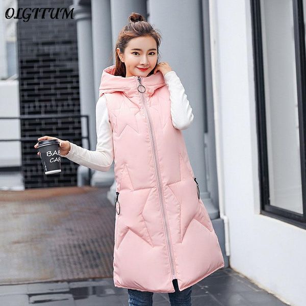 

women's vests 2021 down cotton ladies parka vest long section korean star features round zip pull ring slim student thick hood coat, Black;white