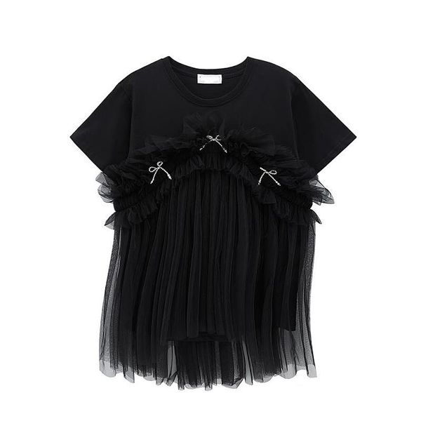 

women's t-shirt 2021 spring summer fashion black and white lace patchwork bow o neck casual woman tshirts