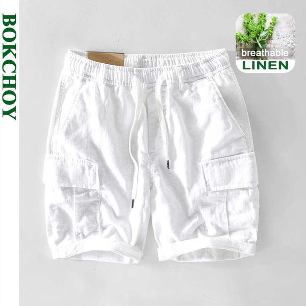 

summer men casual multi-pocket linen shorts ga-t116 210714, White;black